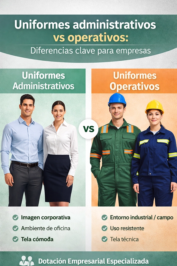 Comparación visual entre uniformes administrativos y uniformes operativos para empresas, mostrando vestimenta corporativa de oficina y ropa de trabajo industrial