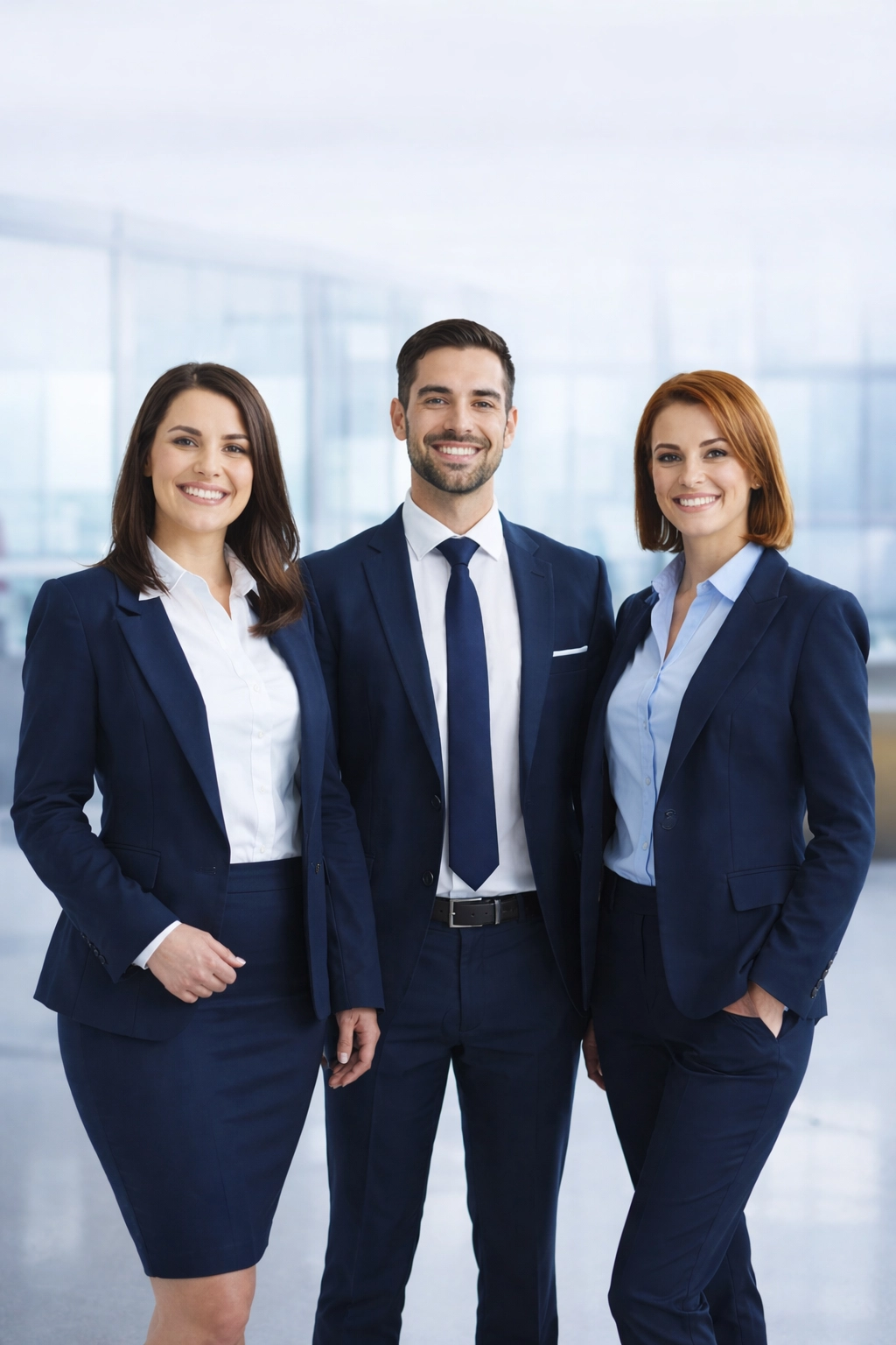 Equipo de profesionales con uniformes administrativos corporativos en un entorno de oficina moderna