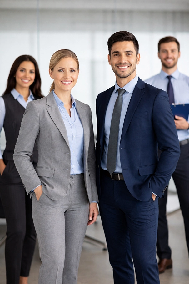 Profesionales en oficina utilizando uniformes corporativos administrativos alineados a la imagen empresarial